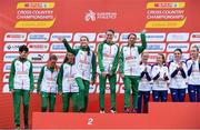 8 December 2019; Irish athletes, from left, Una Britton, Fionnuala McCormack, Mary Mulhare, Aoibhe Richardson, Ciara Mageean and Fionnuala Ross after winning a team silver medal in the Senior Women's event during the European Cross Country Championships 2019 at Bela Vista Park in Lisbon, Portugal. Photo by Sam Barnes/Sportsfile