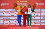 8 December 2019; Women's U23 medallists, from left, Jasmijn Lau of Netherlands, silver, Anna-Emilie Møller of Denmark, gold, and Stephanie Cotter of Ireland, bronze, during the European Cross Country Championships 2019 at Bela Vista Park in Lisbon, Portugal. Photo by Sam Barnes/Sportsfile