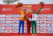 8 December 2019; Women's U23 medallists, from left, Jasmijn Lau of Netherlands, silver, Anna-Emilie Møller of Denmark, gold, and Stephanie Cotter of Ireland, bronze, during the European Cross Country Championships 2019 at Bela Vista Park in Lisbon, Portugal. Photo by Sam Barnes/Sportsfile