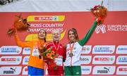 8 December 2019; Women's U23 medallists, from left, Jasmijn Lau of Netherlands, silver, Anna-Emilie Møller of Denmark, gold, and Stephanie Cotter of Ireland, bronze, during the European Cross Country Championships 2019 at Bela Vista Park in Lisbon, Portugal. Photo by Sam Barnes/Sportsfile