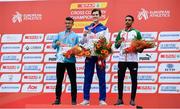8 December 2019; Men's U20 medallists, from left, Ayetullah Aslanhan of Turkey, silver, Jakob Ingebrigtsen of Norway, gold, and Efrem Gidey of Ireland, bronze, during the European Cross Country Championships 2019 at Bela Vista Park in Lisbon, Portugal. Photo by Sam Barnes/Sportsfile