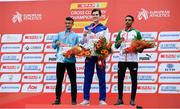 8 December 2019; Men's U20 medallists, from left, Ayetullah Aslanhan of Turkey, silver, Jakob Ingebrigtsen of Norway, gold, and Efrem Gidey of Ireland, bronze, during the European Cross Country Championships 2019 at Bela Vista Park in Lisbon, Portugal. Photo by Sam Barnes/Sportsfile