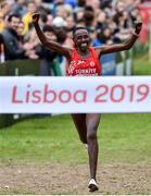 8 December 2019; Yasemin Can of Turkey celebrates as she crosses the line to win the Senior Women's event during the European Cross Country Championships 2019 at Bela Vista Park in Lisbon, Portugal. Photo by Sam Barnes/Sportsfile