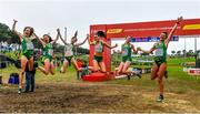 8 December 2019; The Ireland U23 Women's team, from left, Eilish Flanagan, Roisin Flanagan, Stephanie Cotter, Claire Fagan, Sorcha McAlister and Fian Sweeney celebrate winning a team silver medal during the European Cross Country Championships 2019 at Bela Vista Park in Lisbon, Portugal. Photo by Sam Barnes/Sportsfile