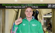 9 December 2019; Shane Ryan of Ireland with his bronze medal, from the Men’s 50m Backstroke, on his return from the European Short Course Swimming Championships 2019 in Scotland at Dublin Airport in Dublin. Photo by Piaras Ó Mídheach/Sportsfile