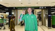 9 December 2019; Shane Ryan of Ireland with his bronze medal, from the Men’s 50m Backstroke, on his return from the European Short Course Swimming Championships 2019 in Scotland at Dublin Airport in Dublin. Photo by Piaras Ó Mídheach/Sportsfile
