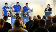 9 December 2019; Leinster players, Jimmy O'Brien, Jack Conan, Scott Penny in conversation with Leinster Senior Communications & Media Manager Marcus Ó Buachalla during the 2020 Bank of Ireland Leinster Rugby Schools Cup First Round Draw at Bank of Ireland in Ballsbridge, Dublin. Photo by Ramsey Cardy/Sportsfile