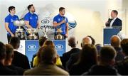 9 December 2019; Leinster players, Jimmy O'Brien, Jack Conan, Scott Penny in conversation with Leinster Senior Communications & Media Manager Marcus Ó Buachalla during the 2020 Bank of Ireland Leinster Rugby Schools Cup First Round Draw at Bank of Ireland in Ballsbridge, Dublin. Photo by Ramsey Cardy/Sportsfile