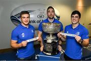 9 December 2019; Leinster players, Scott Penny, left, Jack Conan, centre, Jimmy O'Brien during the 2020 Bank of Ireland Leinster Rugby Schools Cup First Round Draw at Bank of Ireland in Ballsbridge, Dublin. Photo by Ramsey Cardy/Sportsfile