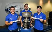 9 December 2019; Leinster players, Scott Penny, left, Jack Conan, centre, Jimmy O'Brien during the 2020 Bank of Ireland Leinster Rugby Schools Cup First Round Draw at Bank of Ireland in Ballsbridge, Dublin. Photo by Ramsey Cardy/Sportsfile