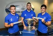 9 December 2019; Leinster players, Scott Penny, left, Jack Conan, centre, Jimmy O'Brien during the 2020 Bank of Ireland Leinster Rugby Schools Cup First Round Draw at Bank of Ireland in Ballsbridge, Dublin. Photo by Ramsey Cardy/Sportsfile