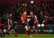 7 December 2019; Conor Murray of Munster is closed down by Maro Itoje of Saracens as he kicks down field during the Heineken Champions Cup Pool 4 Round 3 match between Munster and Saracens at Thomond Park in Limerick. Photo by Seb Daly/Sportsfile