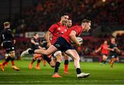 7 December 2019; Rory Scannell of Munster, supported by team-mate Conor Murray, on his way to scoring a try, which was subsequently disallowed, during the Heineken Champions Cup Pool 4 Round 3 match between Munster and Saracens at Thomond Park in Limerick. Photo by Seb Daly/Sportsfile