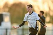 11 December 2019; Oran O'Hanlon of FAI-ETB Dundalk celebrates after scoring his side's second goal of the game during the Bobby Smith Cup, round 2 game between FAI-ETB Cabra and FAI-ETB Dundalk at FAI National Training Centre in Dublin. Photo by Eóin Noonan/Sportsfile