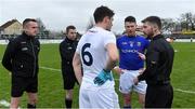 7 December 2019; Referee Chris Dwyer talks to team captains David Hyland of Kildare and Michael Quinn of Longford about the sin bin rules before the 2020 O'Byrne Cup Round 1 match between Kildare and Longford at St Conleth's Park in Newbridge, Kildare. Photo by Piaras Ó Mídheach/Sportsfile