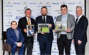 12 December 2019; Shane Lowry with the The Irish Golf Writers Association Professional Player of the Year award for 2019, with, from left, Paul Kelly, Chairman of the Irish Golf Writer’s Association, Des Smyth with the award for Distinguished Services to Golf, James Sugrue with the Men’s Amateur of the Year Award for 2019 and Peter Kilcullen from Allianz during the 2019 Allianz Irish Golf Writers Association Awards at Portmarnock Hotel and Golf Links in Dublin. Photo by Matt Browne/Sportsfile