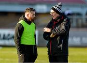 1 December 2019; Kilcoo manager Mickey Moran, right, and selector Paul Devlin prior to the AIB Ulster GAA Football Senior Club Championship Final match between Kilcoo and Naomh Conaill at Healy Park in Omagh, Tyrone. Photo by Oliver McVeigh/Sportsfile