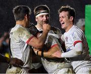 13 December 2019; Luke Marshall of Ulster, centre, is congratulated by team-mates, from left, Louis Ludik, Iain Henderson and Billy Burns, after scoring his side's second try during the Heineken Champions Cup Pool 3 Round 4 match between Harlequins and Ulster at Twickenham Stoop in London, England. Photo by Seb Daly/Sportsfile