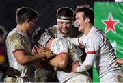 13 December 2019; Luke Marshall of Ulster, centre, is congratulated by team-mates, from left, Louis Ludik, Iain Henderson and Billy Burns, after scoring his side's second try during the Heineken Champions Cup Pool 3 Round 4 match between Harlequins and Ulster at Twickenham Stoop in London, England. Photo by Seb Daly/Sportsfile