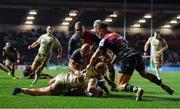 13 December 2019; Matt Faddes of Ulster dives over to score his side's fourth try, despite the tackle of Harlequins players Paul Lasike, Travis Ismaiel and Niall Saunders during the Heineken Champions Cup Pool 3 Round 4 match between Harlequins and Ulster at Twickenham Stoop in London, England. Photo by Seb Daly/Sportsfile