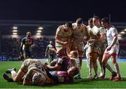 13 December 2019; Matt Faddes of Ulster is helped up by team-mates after scoring his side's fourth try during the Heineken Champions Cup Pool 3 Round 4 match between Harlequins and Ulster at Twickenham Stoop in London, England. Photo by Seb Daly/Sportsfile