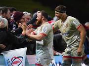 13 December 2019; Andrew Warwick, left, and Matthew Rea of Ulster celebrate with supporters following their side's victory during the Heineken Champions Cup Pool 3 Round 4 match between Harlequins and Ulster at Twickenham Stoop in London, England. Photo by Seb Daly/Sportsfile