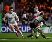 13 December 2019; Luke Marshall of Ulster off-loads to team-mate Jacob Stockdale under pressure from Semi Kunatani of Harlequins during the Heineken Champions Cup Pool 3 Round 4 match between Harlequins and Ulster at Twickenham Stoop in London, England. Photo by Seb Daly/Sportsfile
