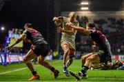 13 December 2019; Matt Faddes of Ulster evades the tackles of Cadan Murley, left, and Niall Saunders of Harlequins on his way to scoring his side's fourth try during the Heineken Champions Cup Pool 3 Round 4 match between Harlequins and Ulster at Twickenham Stoop in London, England. Photo by Seb Daly/Sportsfile
