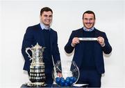 14 December 2019; Leinster's Conor O'Brien, left, and Peter Dooley during the Bank of Ireland Provincial Towns Cup first round draw at the Aviva Stadium in Dublin. Photo by Stephen McCarthy/Sportsfile