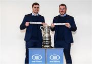 14 December 2019; Leinster's Conor O'Brien, left, and Peter Dooley with the pairing of Enniscorthy RFC 2nd XV and Portlaoise RFC during the Bank of Ireland Provincial Towns Cup first round draw at the Aviva Stadium in Dublin. Photo by Stephen McCarthy/Sportsfile