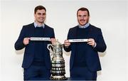 14 December 2019; Leinster's Conor O'Brien, left, and Peter Dooley with the pairing of Enniscorthy RFC 2nd XV and Portlaoise RFC during the Bank of Ireland Provincial Towns Cup first round draw at the Aviva Stadium in Dublin. Photo by Stephen McCarthy/Sportsfile
