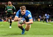 14 December 2019; Garry Ringrose of Leinster scores his side's first try during the Heineken Champions Cup Pool 1 Round 4 match between Leinster and Northampton Saints at the Aviva Stadium in Dublin. Photo by Sam Barnes/Sportsfile