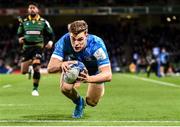 14 December 2019; Garry Ringrose of Leinster scores his side's first try during the Heineken Champions Cup Pool 1 Round 4 match between Leinster and Northampton Saints at the Aviva Stadium in Dublin. Photo by Sam Barnes/Sportsfile