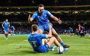 14 December 2019; Garry Ringrose of Leinster, left, celebrates after scoring his side's first try, with James Lowe during the Heineken Champions Cup Pool 1 Round 4 match between Leinster and Northampton Saints at the Aviva Stadium in Dublin. Photo by Sam Barnes/Sportsfile