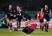 14 December 2019; Max Malins of Saracens is tackled by Andrew Conway of Munster during the Heineken Champions Cup Pool 4 Round 4 match between Saracens and Munster at Allianz Park in Barnet, England. Photo by Seb Daly/Sportsfile