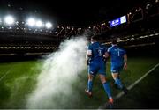 14 December 2019; Tadhg Furlong, 3, and Cian Healy of Leinster walk out ahead of the Heineken Champions Cup Pool 1 Round 4 match between Leinster and Northampton Saints at the Aviva Stadium in Dublin. Photo by Ramsey Cardy/Sportsfile