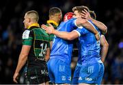 14 December 2019; Garry Ringrose of Leinster celebrates with team-mates after scoring his side's second try during the Heineken Champions Cup Pool 1 Round 4 match between Leinster and Northampton Saints at the Aviva Stadium in Dublin. Photo by Ramsey Cardy/Sportsfile