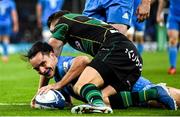 14 December 2019; James Lowe of Leinster scores his side's fifth try despite the tackle of Dan Biggar of Northampton Saints during the Heineken Champions Cup Pool 1 Round 4 match between Leinster and Northampton Saints at the Aviva Stadium in Dublin. Photo by Ramsey Cardy/Sportsfile