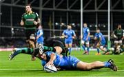 14 December 2019; James Lowe of Leinster scores his side's fifth try despite the tackle of Dan Biggar of Northampton Saints during the Heineken Champions Cup Pool 1 Round 4 match between Leinster and Northampton Saints at the Aviva Stadium in Dublin. Photo by Ramsey Cardy/Sportsfile