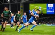 14 December 2019; Garry Ringrose of Leinster scores his third try of the Heineken Champions Cup Pool 1 Round 4 match between Leinster and Northampton Saints at the Aviva Stadium in Dublin. Photo by Stephen McCarthy/Sportsfile