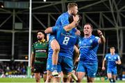 14 December 2019; Caelan Doris of Leinster, centre, celebrates after scoring his side's eighth try with Jordan Larmour, left, and Bryan Byrne, right, during the Heineken Champions Cup Pool 1 Round 4 match between Leinster and Northampton Saints at the Aviva Stadium in Dublin. Photo by Sam Barnes/Sportsfile