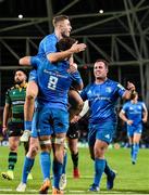 14 December 2019; Caelan Doris of Leinster, centre, celebrates after scoring his side's eighth try with Jordan Larmour, left, and Bryan Byrne, right, during the Heineken Champions Cup Pool 1 Round 4 match between Leinster and Northampton Saints at the Aviva Stadium in Dublin. Photo by Sam Barnes/Sportsfile