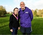 14 December 2019; Vhi’s Run for Fun Kilkenny: The achievements of 20 young people from Piltown Fóroige youth club were recognised last Saturday the 14th of December, at Castle Park parkrun as part of the Vhi Run For Fun programme. The 8-week course is supported by the Irish Youth Foundation and encourages young people from disadvantaged communities to embrace the benefits offered through running, culminating with a 5km parkrun. Youth leaders across Ireland are invited to apply for Run for Fun 2020 at https://iyf.ie/vhirunforfun/ before 17th December 2019 at 6pm. Pictured are Aaron Keogh, Managing Director, Vhi Healthcare, with Holly Steele during the Vhi ‘Run for Fun’ Kilkenny at Castle Park in Kilkenny. Photo by Matt Browne/Sportsfile