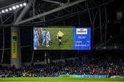 14 December 2019; The scoreboard during the closing moments of the Heineken Champions Cup Pool 1 Round 4 match between Leinster and Northampton Saints at the Aviva Stadium in Dublin. Photo by Stephen McCarthy/Sportsfile