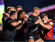 14 December 2019; Jamie George of Saracens, left, and team-mates Mako Vunipola, centre, and Nick Isiekwe tussle with Jack O’Donoghue of Munster as players from both sides clash off the ball during the Heineken Champions Cup Pool 4 Round 4 match between Saracens and Munster at Allianz Park in Barnet, England. Photo by Seb Daly/Sportsfile