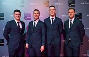 14 December 2019; In attendance during the RTÉ Sports Awards 2019 at RTÉ studios in Donnybrook, Dublin, are Members of the Dublin All-Ireland Men's Football Championship winning and five in a row winning squad, from left, Brian Howard, Ciaran Kilkenny, Brian Fenton and Paul Mannion. Photo by Brendan Moran/Sportsfile