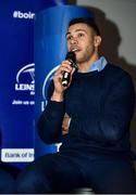 14 December 2019; Adam Byrne of Leinster speaking during a Q and A in The Blue Room at the Heineken Champions Cup Pool 1 Round 4 match between Leinster and Northampton Saints at the Aviva Stadium in Dublin. Photo by Sam Barnes/Sportsfile