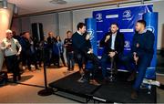 14 December 2019; Former Leinster player Mike McCarthy, left, with Leinster players Jack Conan, centre, and Adam Byrne, during a Q and A in The Blue Room at the Heineken Champions Cup Pool 1 Round 4 match between Leinster and Northampton Saints at the Aviva Stadium in Dublin. Photo by Sam Barnes/Sportsfile