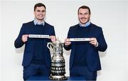 14 December 2019; Leinster's Conor O'Brien, left, and Leinster's Peter Dooley hold up the draw pairing of Enniscorthy RFC and Portlaoise RFC following the Bank of Ireland Provincial Towns Cup first round draw at the Aviva Stadium in Dublin. Photo by Stephen McCarthy/Sportsfile
