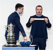 14 December 2019; Leinster's Peter Dooley draws out the name of Cill Dara RFC in the company of his Leinster team-mate Leinster's Conor O'Brien during the Bank of Ireland Provincial Towns Cup first round draw at the Aviva Stadium in Dublin. Photo by Stephen McCarthy/Sportsfile